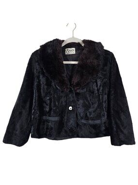 VTG A Winter Product 60s Womens Black Brown Rabbit Fur Collar Crop Coat Medium